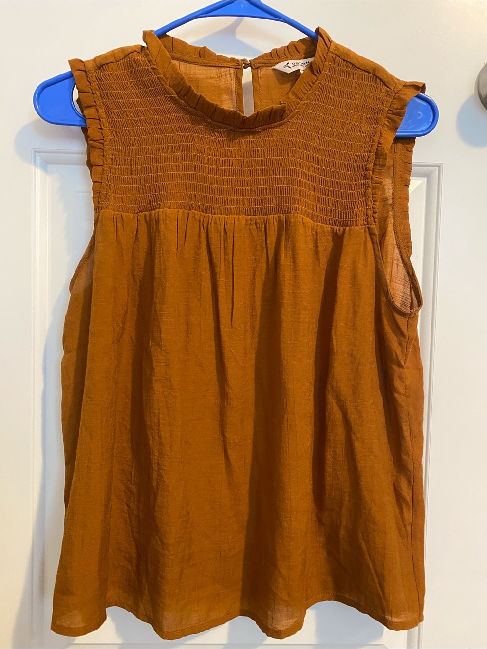 Nanette Lepore Rust Smocked Ruffle Neck Sleeveless Top